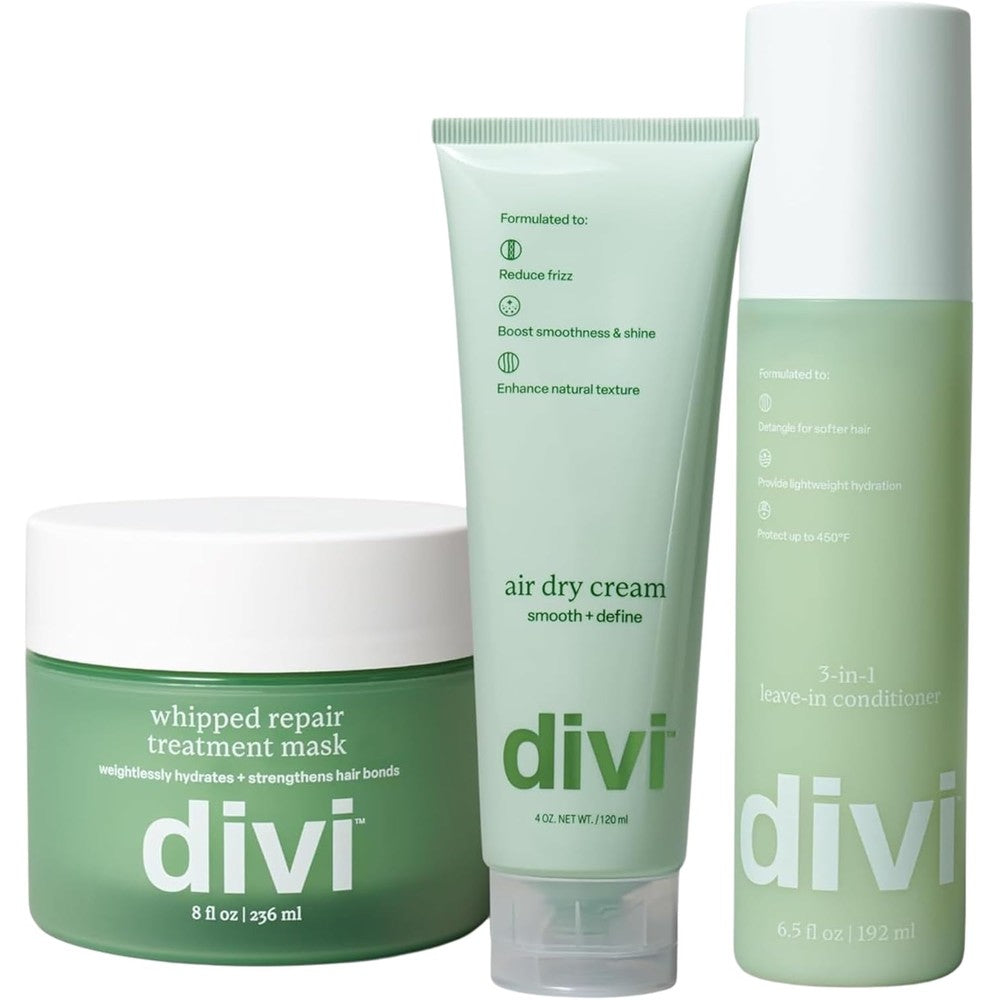 Divi Frizz Fighting Trio 3 piece hair care set front view showing packaging