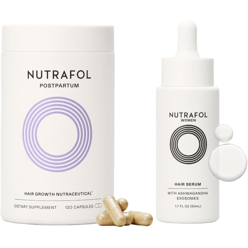 Nutrafol Postpartum hair growth system front view showing capsule bottle and serum