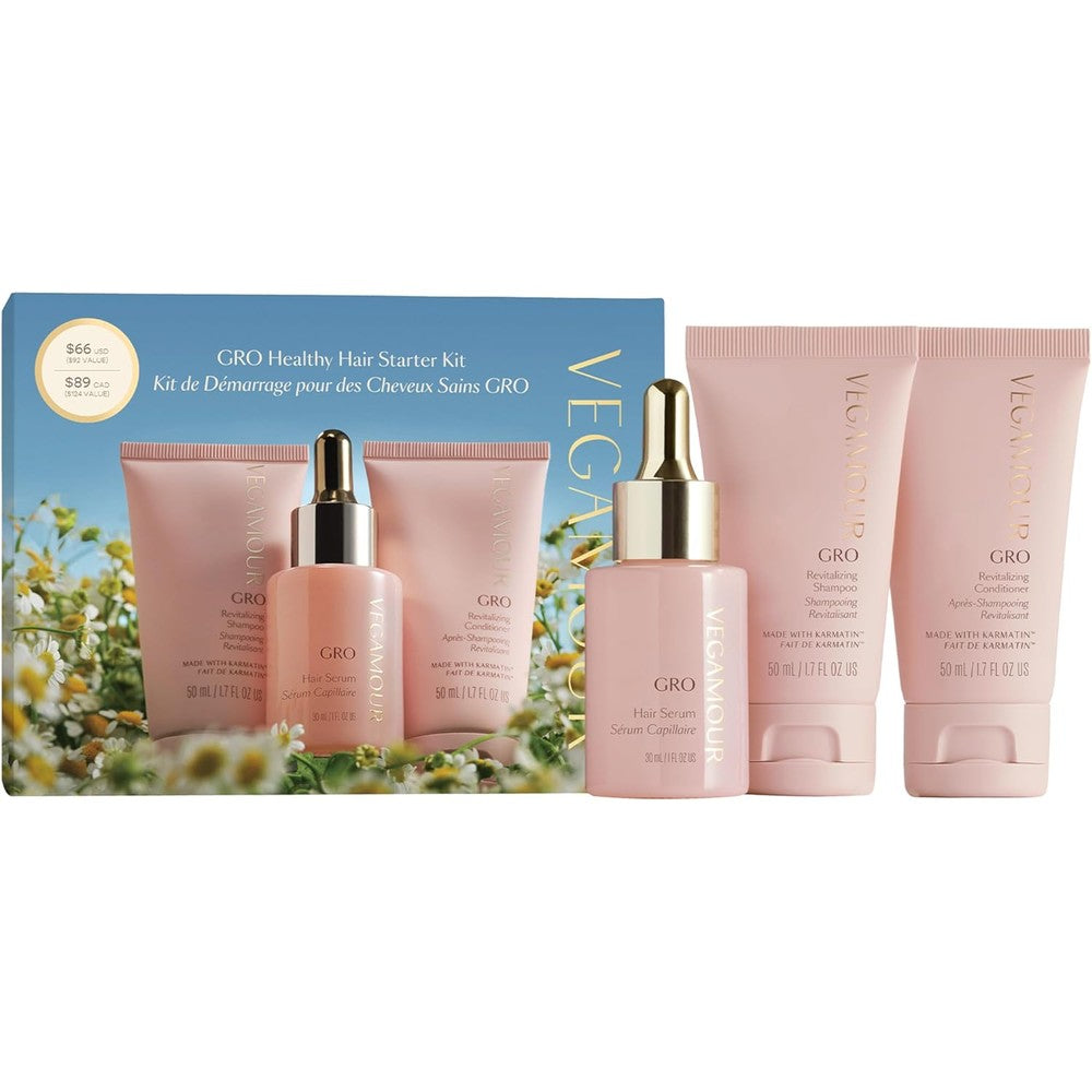 Vegamour GRO Healthy Hair Starter Kit front view showing serum, shampoo, and conditioner for thinning hair treatment.