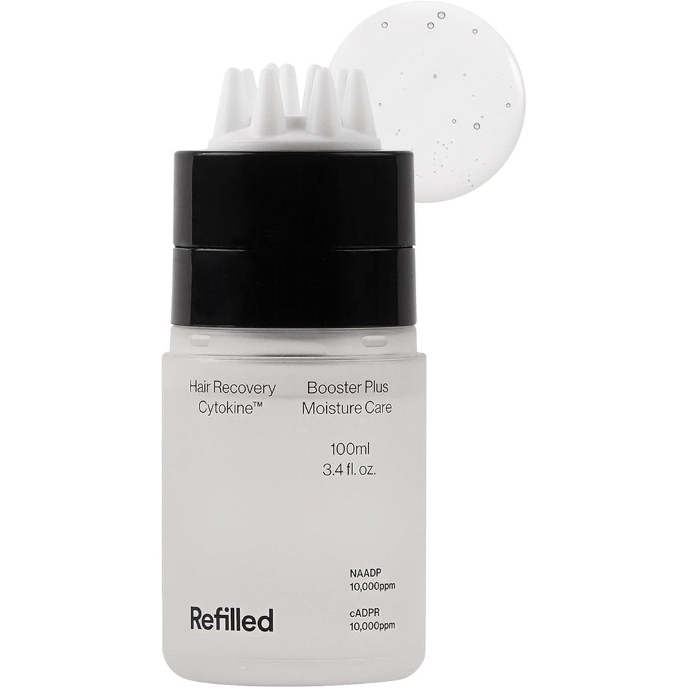 Refilled Booster Plus Moisture Hair Growth Serum front view showing bottle and packaging.