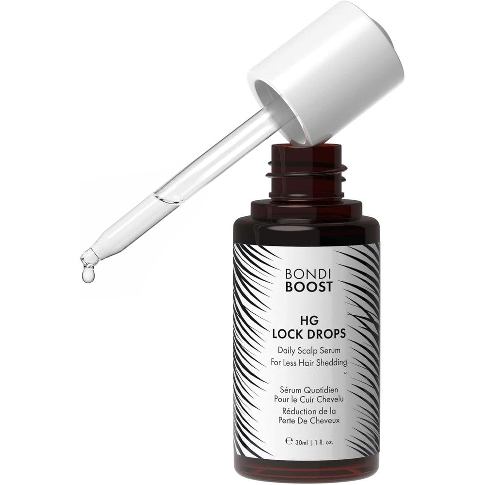 BondiBoost HG Lock Drops Daily Hair Serum front view dark glass dropper bottle for anti shedding