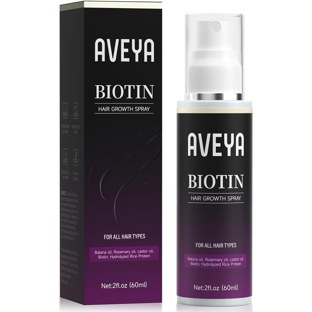 AVEYA Biotin Hair Growth Spray front view bottle for hair thickening treatment
