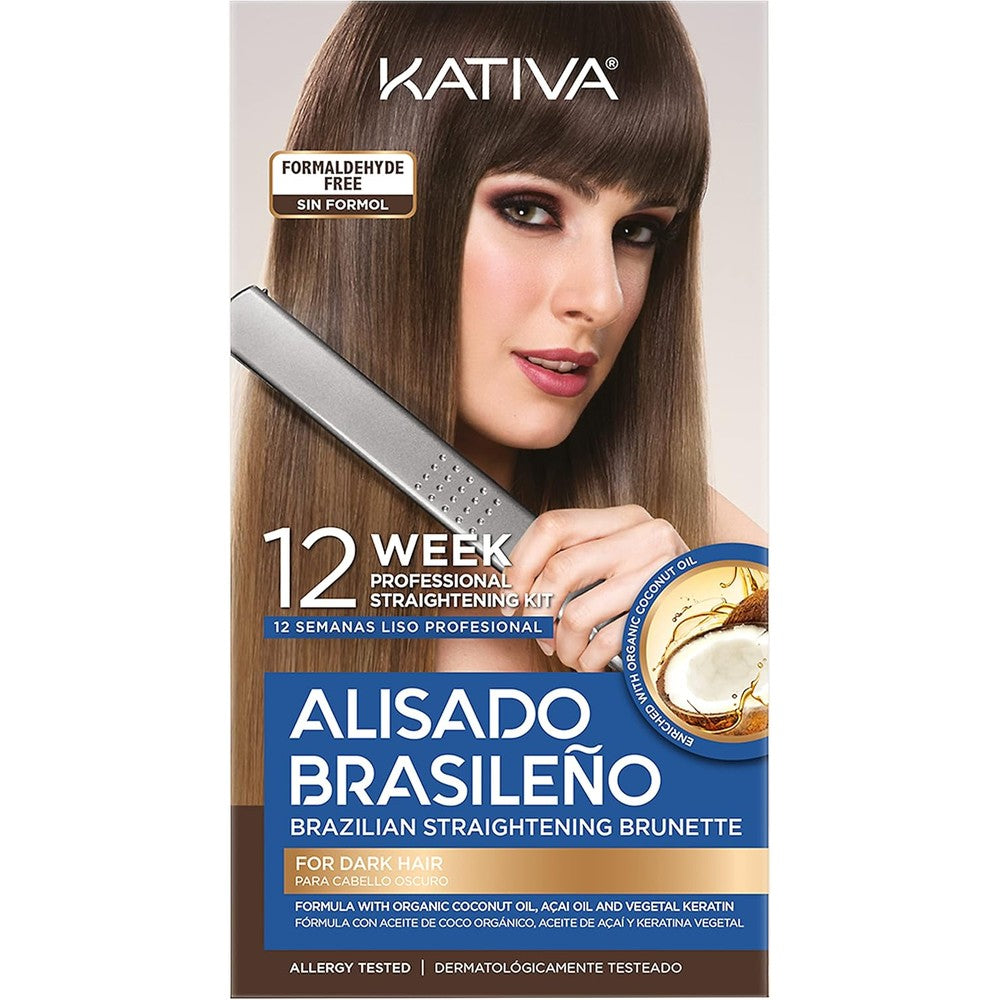 Kativa Brazilian Straightening Brunette Kit, 12 Weeks of Home Use Professional Straightening, with Organic Coconut Oil, Açai Oil, and Keratin, for Straighter, Softer and Shinier Dark-Coloured Hair - Image 1