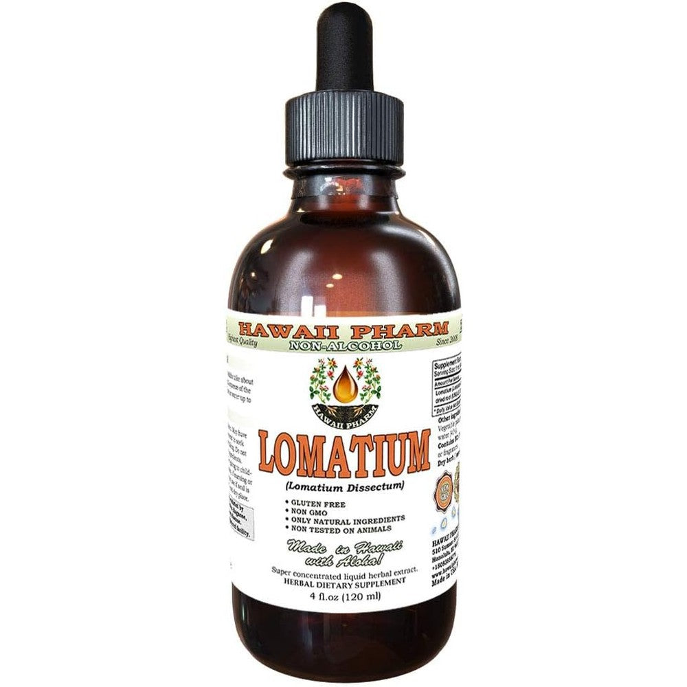 Hawaii Pharm Lomatium Alcohol Free Liquid Extract 4 Ounce bottle front view showing herbal supplement label.