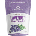 Nature Restore Organic Dried Lavender Flowers 4 Ounce pouch front view for aromatherapy.
