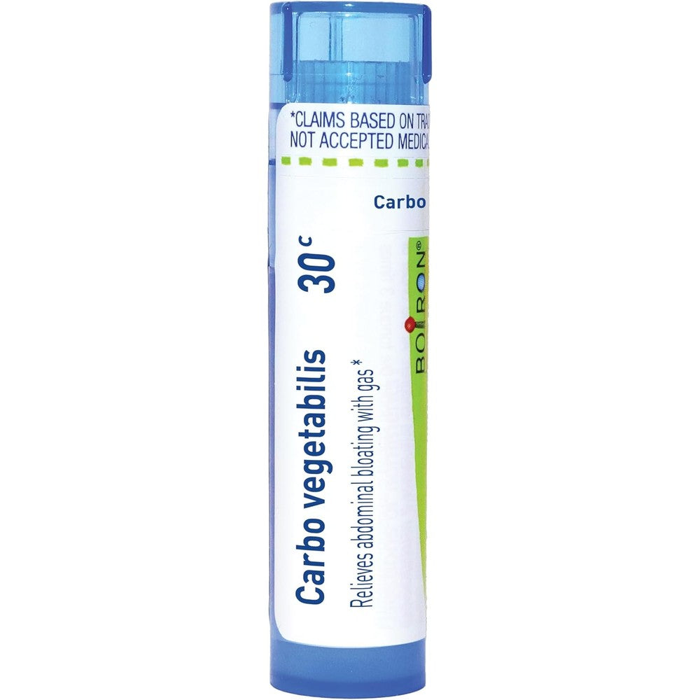 Boiron Carbo Vegetabilis 30C front view showing the blue multi-dose tube for bloating relief.