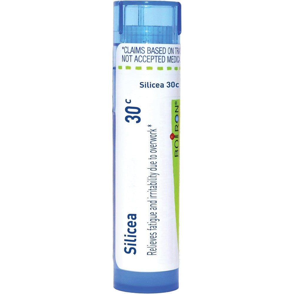 Boiron Silicea 30C homeopathic medicine tube front view showing fatigue relief benefits