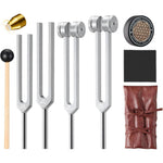 Skitobed Sound Healing Tuning Fork Set front view showcasing four silver weighted forks and black activator mallet