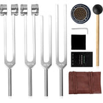 Syizyen Tuning Forks for Healing Set front view displaying four aluminum alloy instruments alongside a black activator mallet and carrying pouch.