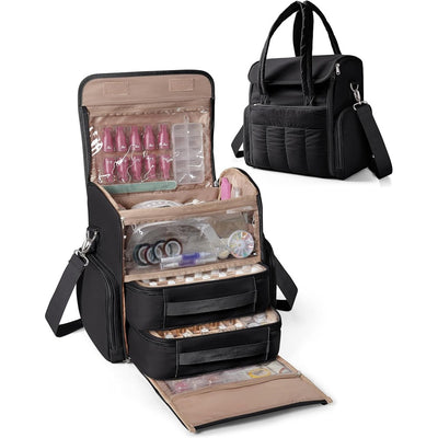 Nail Polish Organizer Bag Holds 70 Bottles and Nail Lamp, Nail Polish Storage Case with 2 Removable Bags and Multiple Pockets, Black