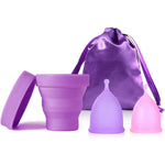 Ginalaia Menstrual Cup Set front view showing purple and pink medical grade silicone cups.