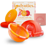 Bodyotics Menstrual Disc 2-Pack front view of orange and pink medical grade silicone discs.