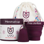 Uva Reusable Menstrual Cup Heavy Flow Kit front view with sterilizer.