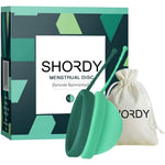 SHORDY Reusable Menstrual Disc Set front view showing green small and large sizes.