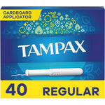 Tampax Regular Absorbency Cardboard Applicator Tampons front box view for period protection.