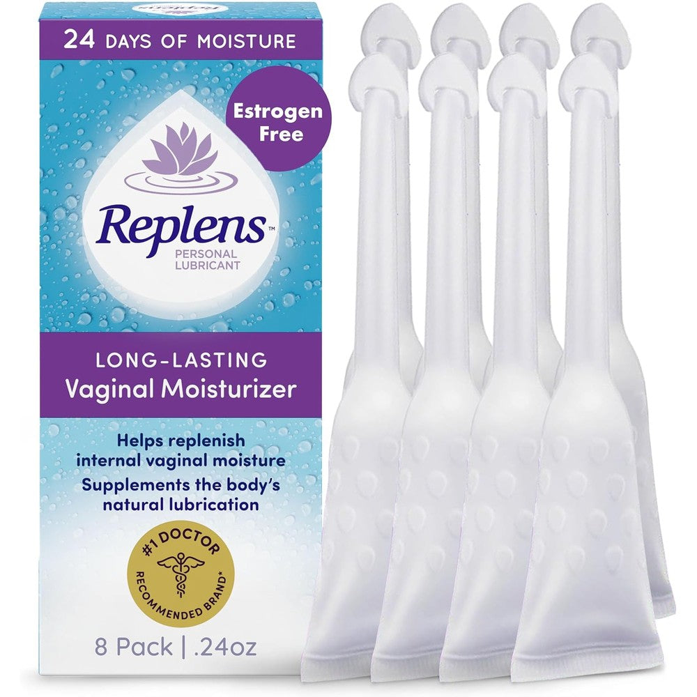 Replens Long Lasting Vaginal Moisturizer 8 Count pack front view for feminine care.