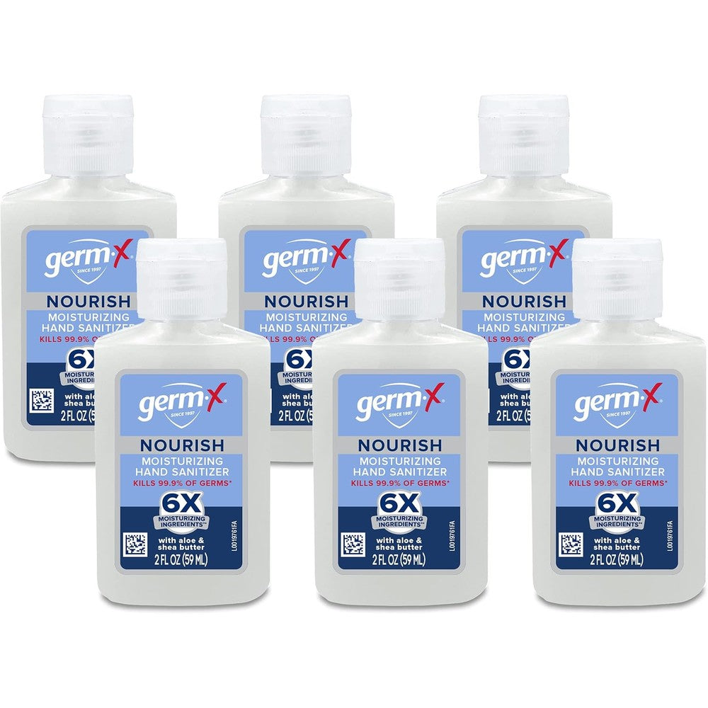 Germ-X Nourish Hand Sanitizer, 2 Fl Oz (Pack of 6), 2-in-1 Moisturizing and Sanitizing Formula with Shea Butter, Vitamin E & Aloe, Non-Greasy, Mini Travel Size for On-The-Go, Fresh Scent