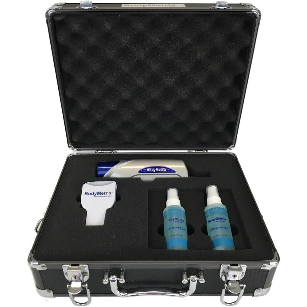 IntelaMetrix BodyMetrix Professional Ultrasound system in a protective black flight case front view