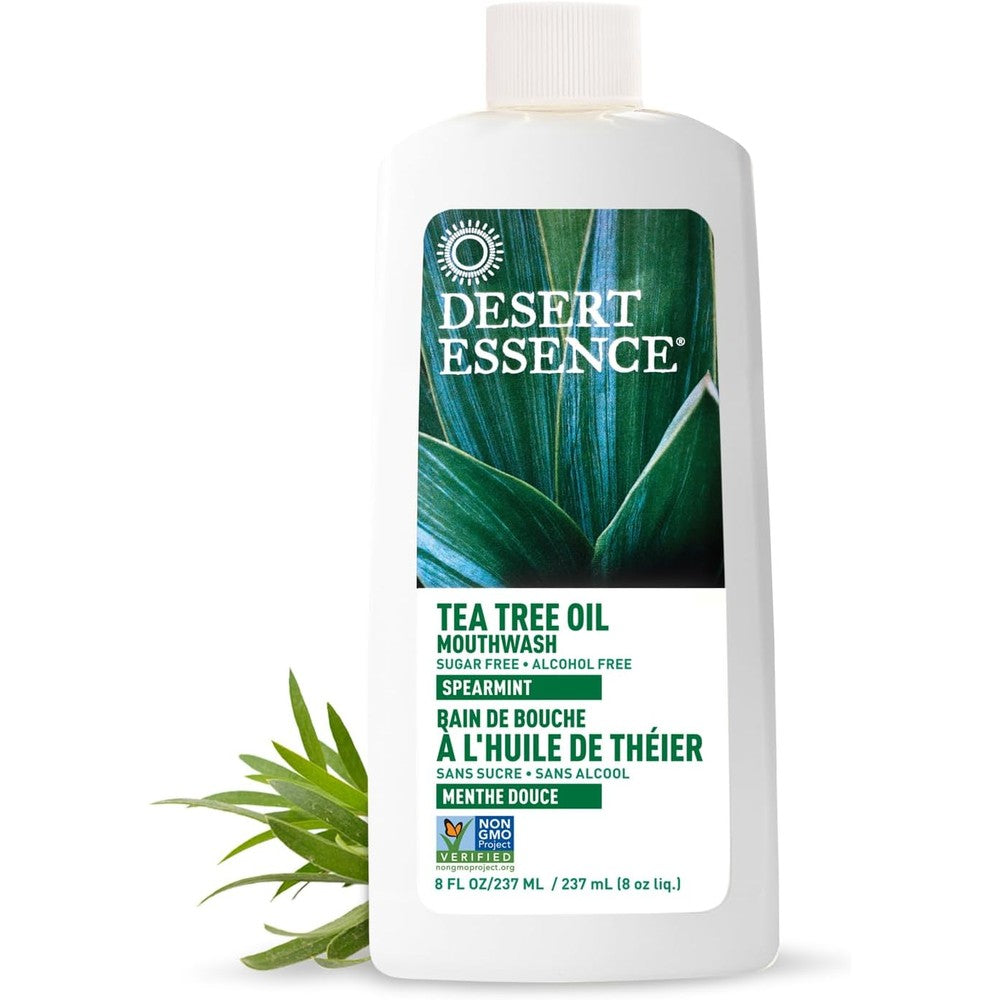 Desert Essence Alcohol Free Mouthwash front view showing the spearmint packaging