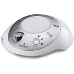 Homedics SoundSleep portable white noise machine front view showing silver finish and sound control buttons.
