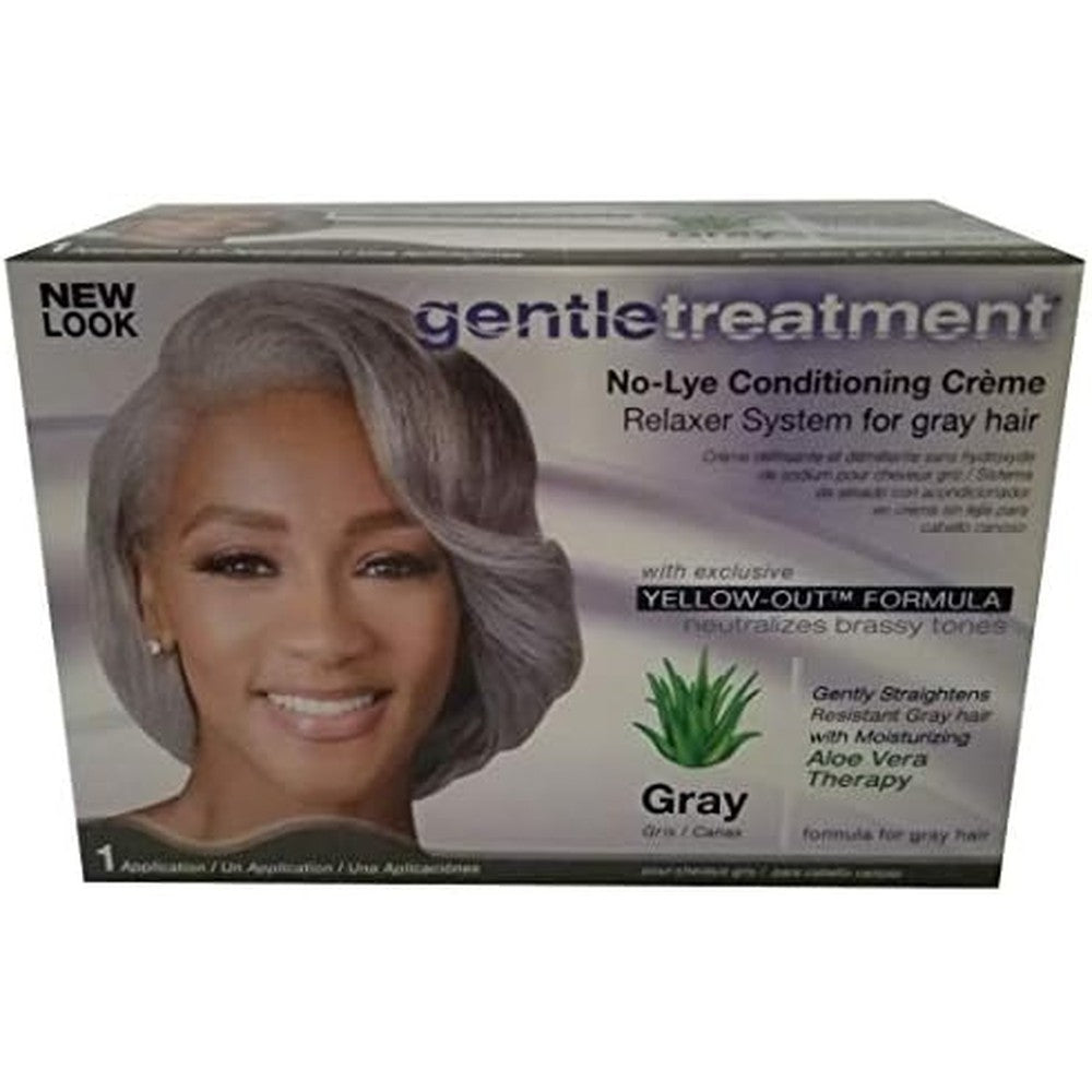 Gentle Treatment Relaxer for Grey No Lye Kit front view showing the packaging boxes for grey hair straightening.