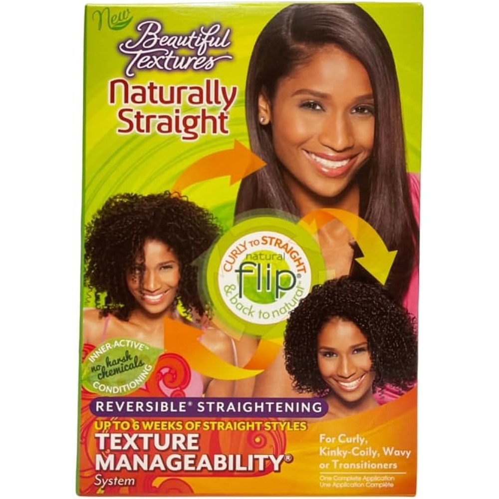 Beautiful Textures Naturally Straight Texturizer Kit front packaging view showcasing the complete four piece temporary hair straightening system.