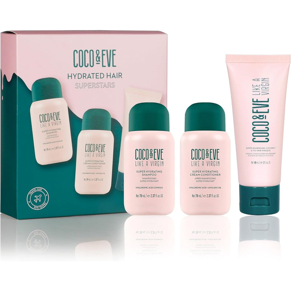 Coco and Eve Hydrated Hair Superstars Set front view showcasing the travel sized shampoo conditioner and hair mask pouch for dry hair repair