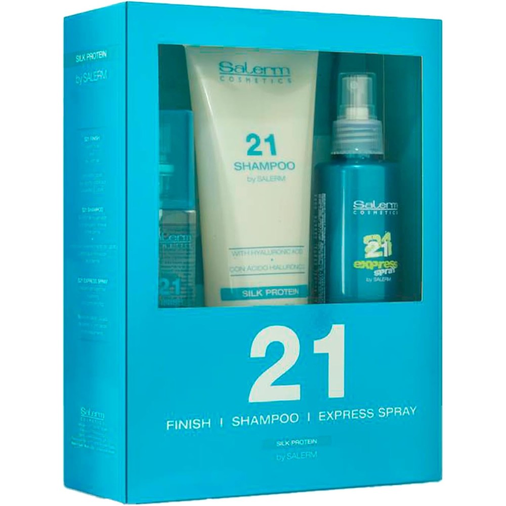 Salerm 21 Silk Protein Trio Gift Set front view showing three premium hair care products