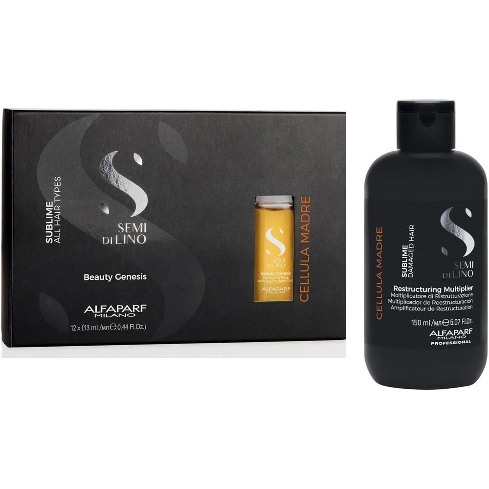 Alfaparf Milano Semi di Lino Cellula Madre set packaging front view showcasing premium Argan stem cell vials