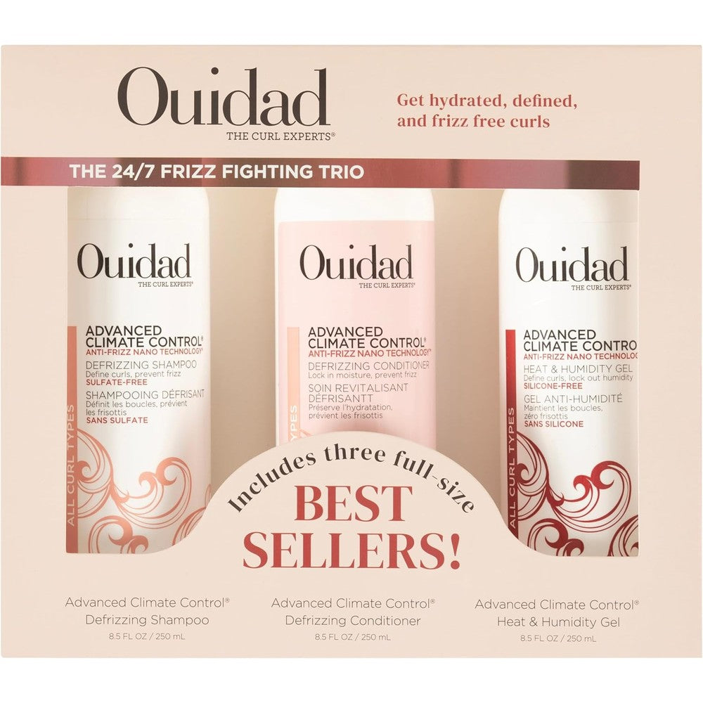 Ouidad Advanced Climate Control Heat And Humidity Styling Kit front view of three bottle set