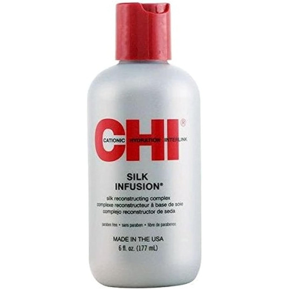 CHI Silk Infusion Silk Reconstructing Complex 2 Fluid Ounces front view of the bottle showing the label of the imported alcohol-free hair treatment.