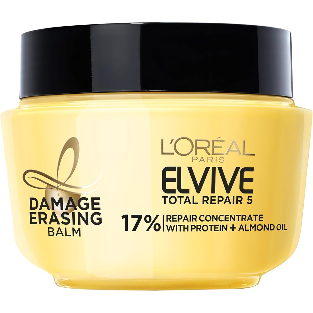 L'Oreal Paris Elvive Total Repair 5 Damage Erasing Balm front view of jar hair mask for damaged hair treatment