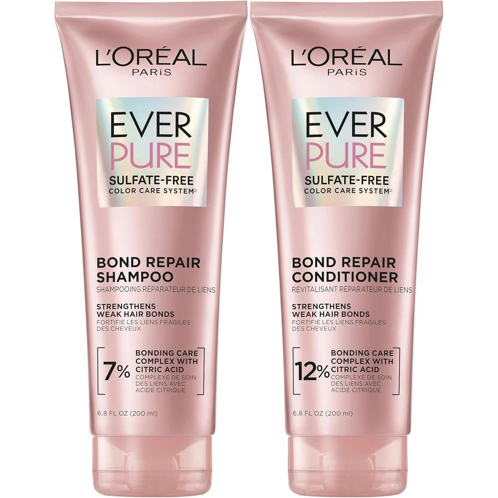 L'Oreal Paris EverPure Sulfate Free Bond Repair Shampoo and Conditioner Kit front view for damaged hair care