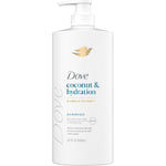 Dove Coconut and Hydration Shampoo front view bottle showing product details and size.