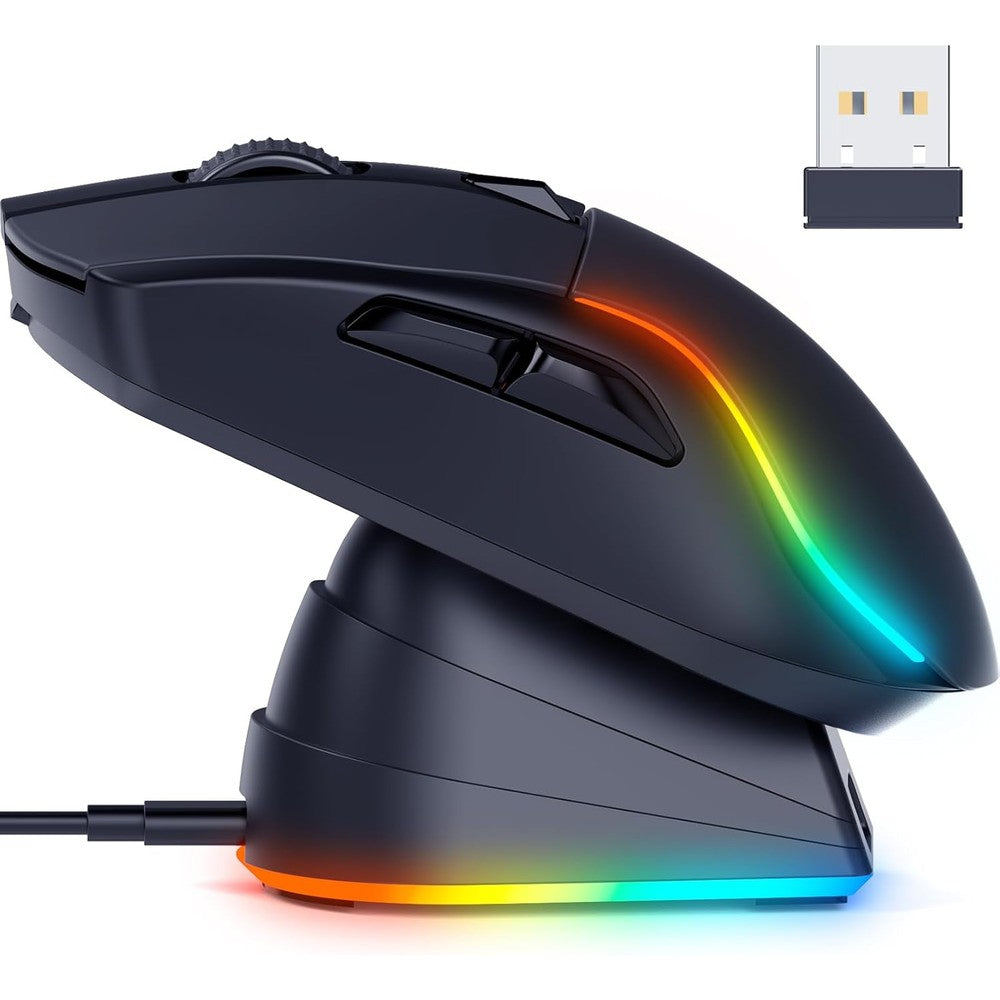 RisoPhy PC371 lightweight wireless gaming mouse front view showing ergonomic design and RGB lighting.