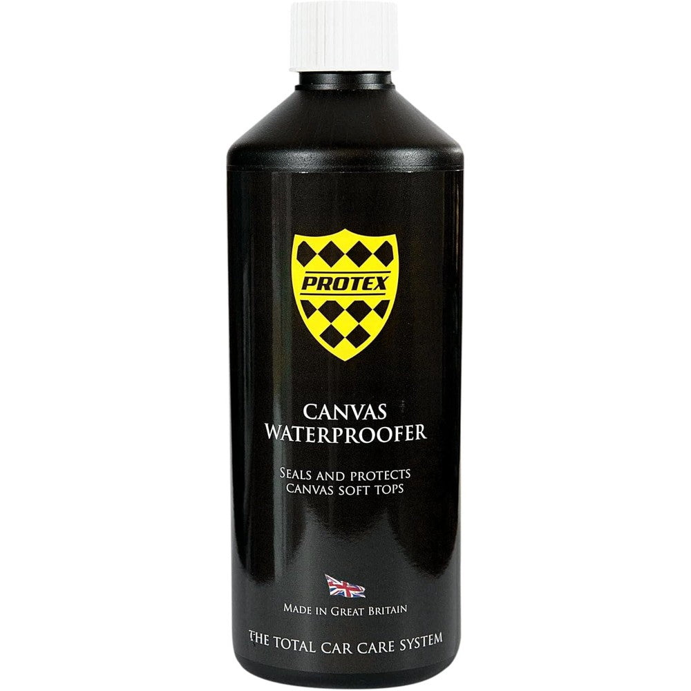 Protex World Convertible Soft Top Canvas Waterproofer 500 milliliter bottle front view showcasing automotive premium sealant.