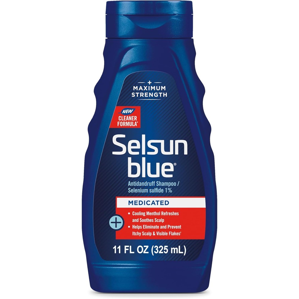 Selsun Blue Medicated Maximum Strength Antidandruff Shampoo front view bottle showing product details