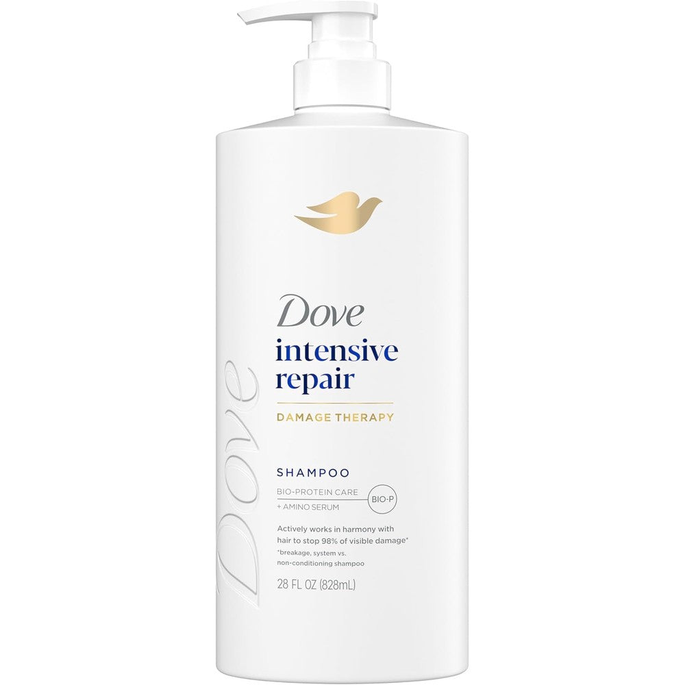 Dove Intensive Repair Shampoo front view of 28 fluid ounce pump bottle for damaged hair therapy.