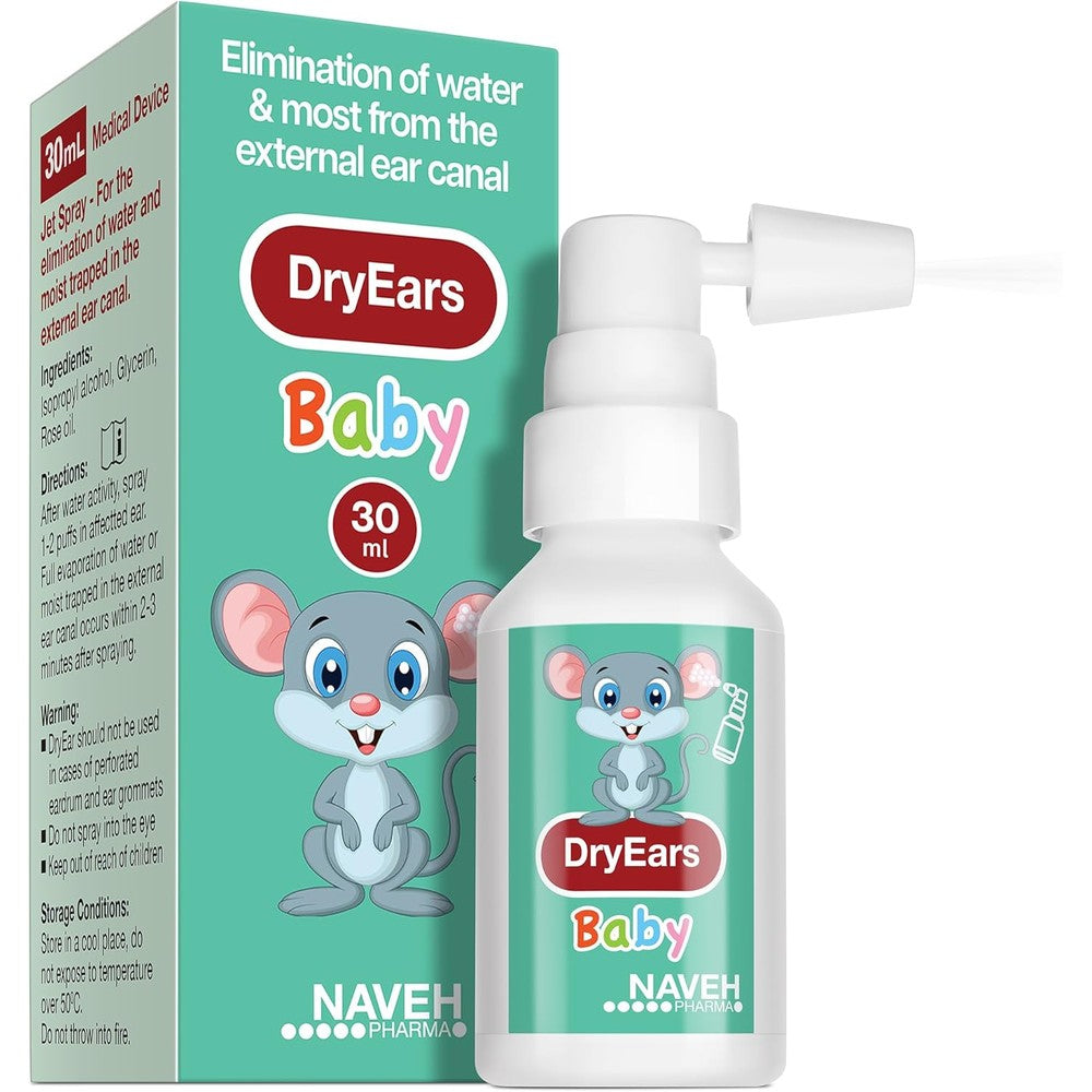 NAVEH PHARMA Dry Ears Baby spray bottle front view for ear water removal.