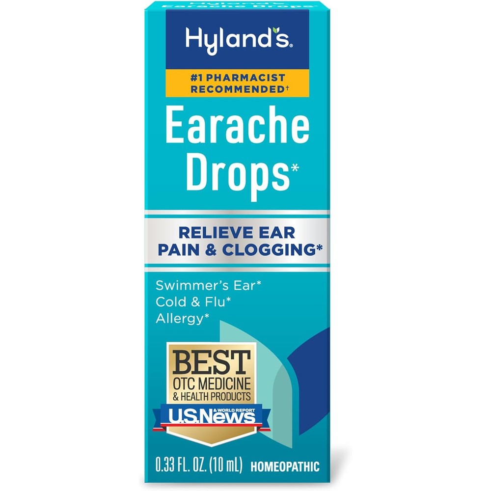 Hyland's Naturals Earache Drops front packaging for swimmer's ear relief.