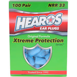 HEAROS Xtreme Foam Earplugs 100 pairs box front view showing authentic hearing protection packaging.