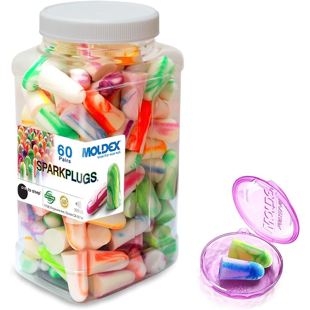 Drift To Sleep Moldex Sparkplugs foam earplugs front view of 60 pair jar pack