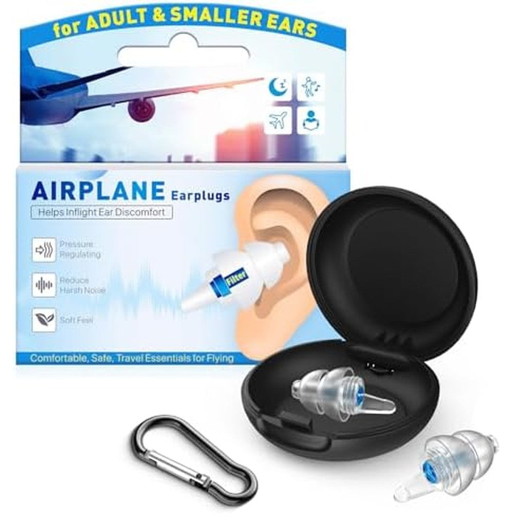Softvox airplane pressure relief earplugs front view showcasing the blue silicone dual-flange design for flight travel.
