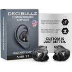 Decibullz Custom Molded Earplugs front view showing the black thermoplastic material and premium retail packaging.