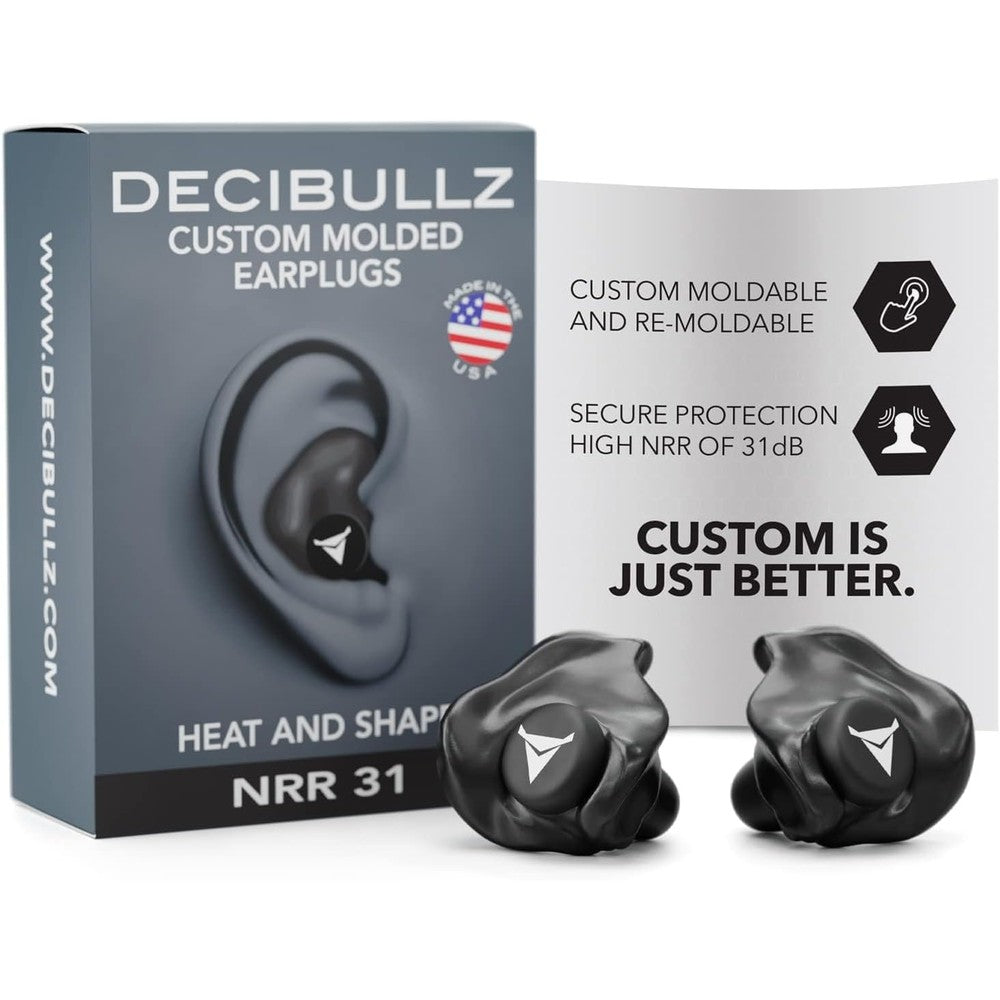 Decibullz Custom Molded Earplugs front view showing the black thermoplastic material and premium retail packaging.