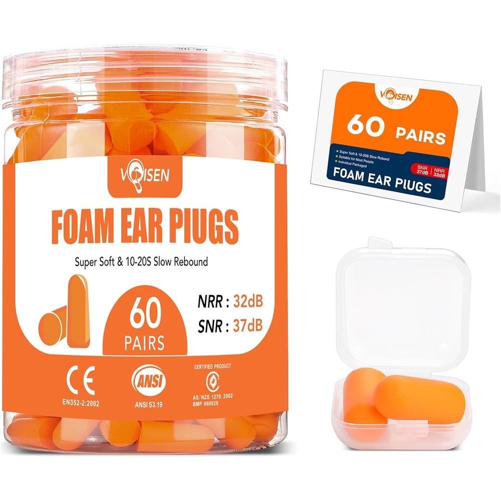 VOISEN noise cancelling foam ear plugs front view of sixty pairs jar packaging