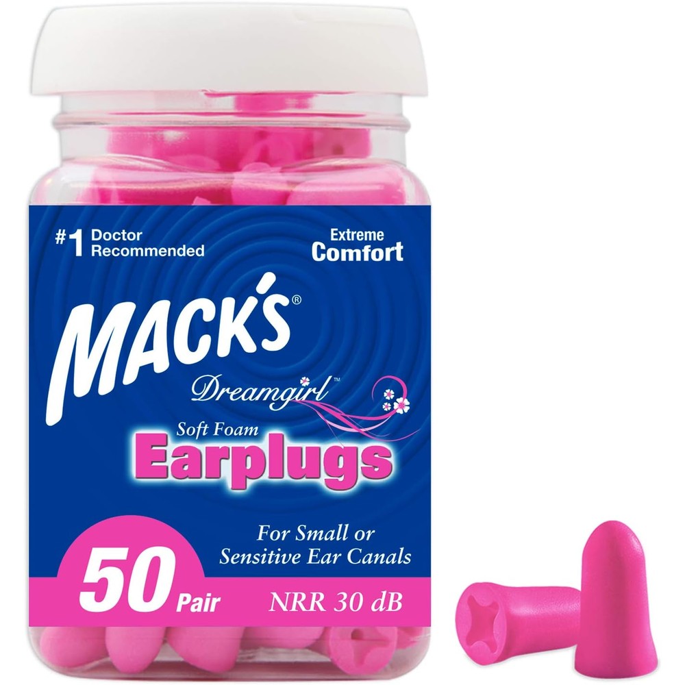 Mack's Dreamgirl Soft Foam Earplugs 50 pair pack front view for noise reduction.
