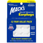 Mack's Pillow Soft Silicone Earplugs twelve pair value pack front view showing white moldable putty