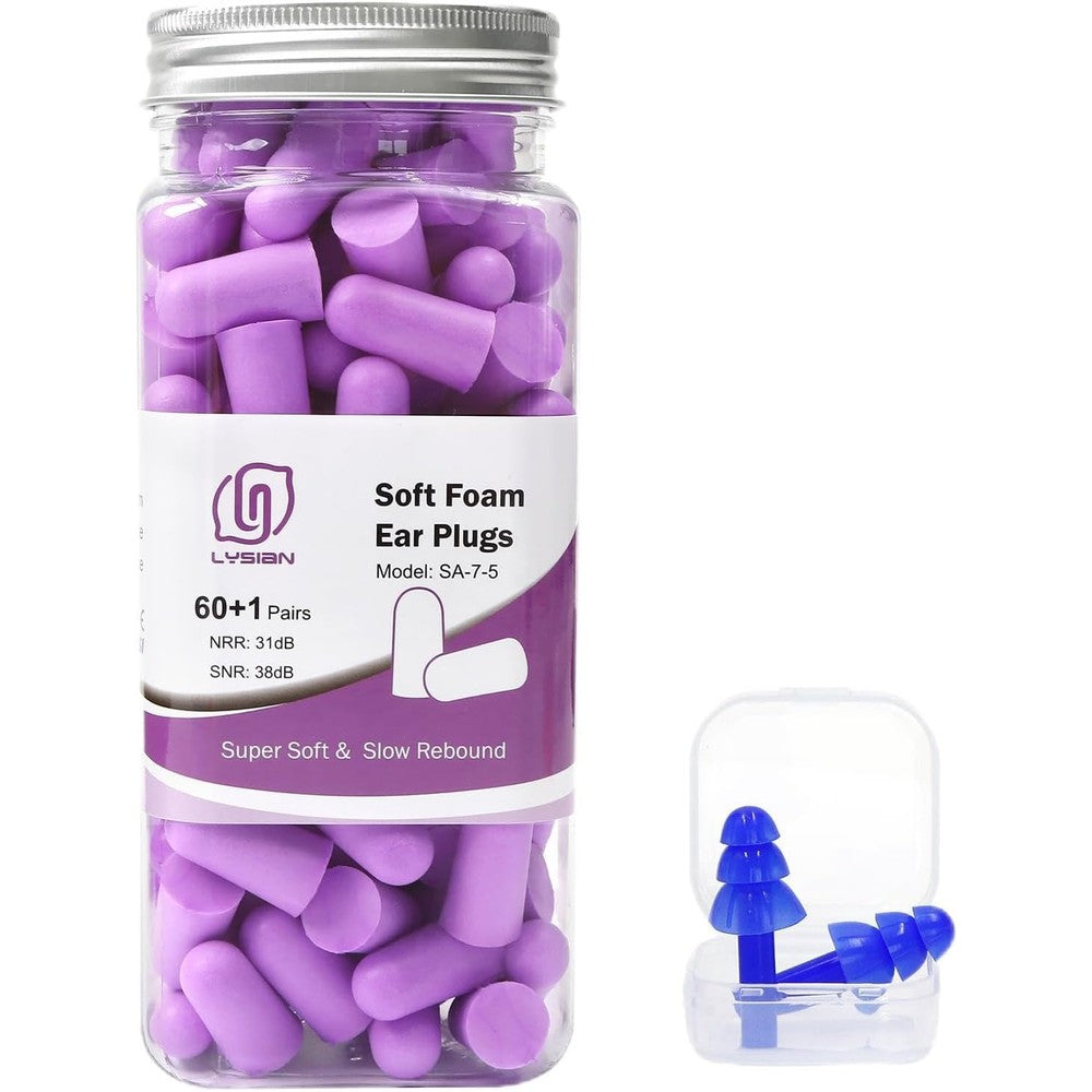 LYSIAN ultra soft foam earplugs purple sixty pairs front view container
