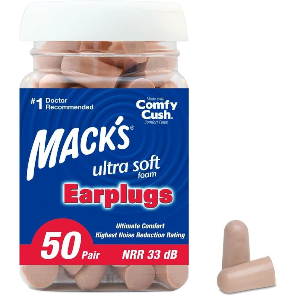 Mack's Ultra Soft Foam Earplugs 50 pair jar front view for noise reduction.